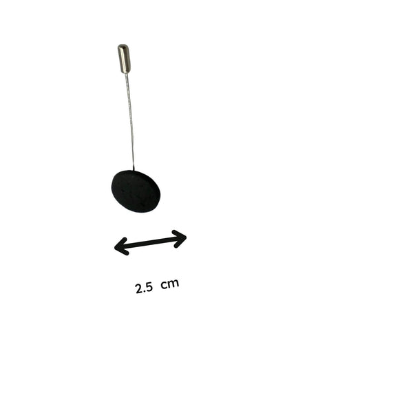 Black Polymer Clay Lapel Pin with stainless steel pin showing size on a white background