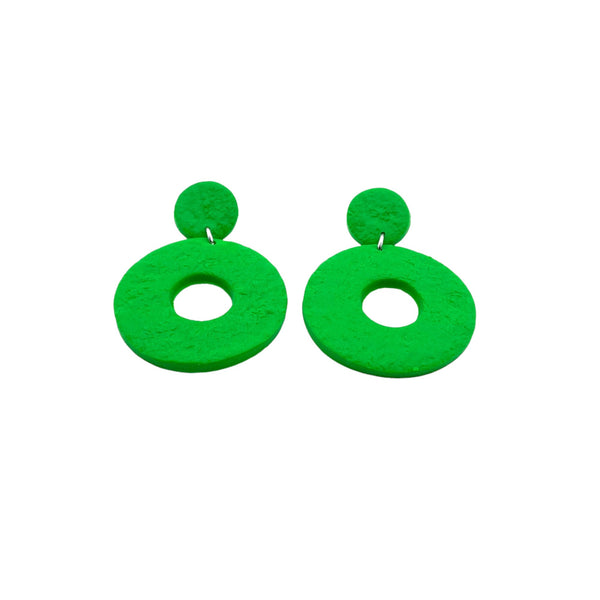 Bright Green Polymer Clay Dangle Earrings on a white background