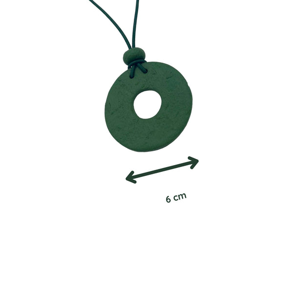 Dark Green Small Circle Necklace with hole showing size on a white background