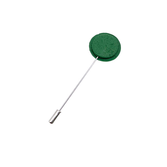 Back of Dark Green Polymer Clay Lapel Pin with stainless steel pin on a white background