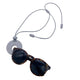 Grey Polymer clay necklace and glasses holder holding sunglasses on a white background