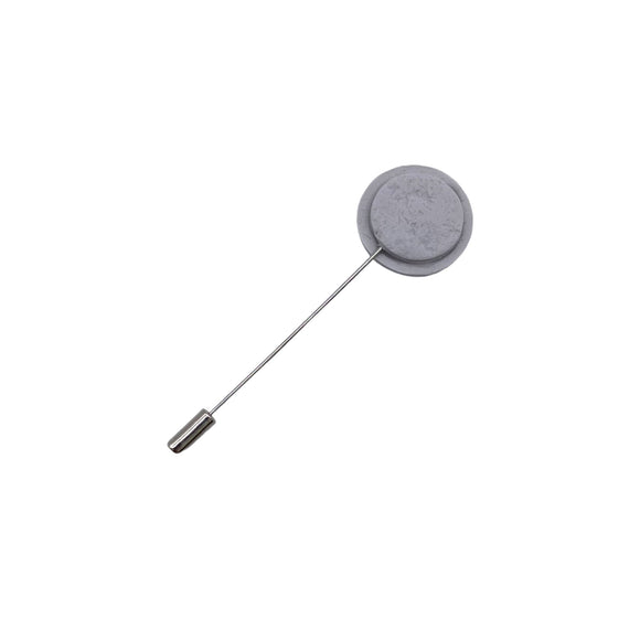 Back of a Grey Polymer Clay Lapel Pin with stainless steel pin on a white background