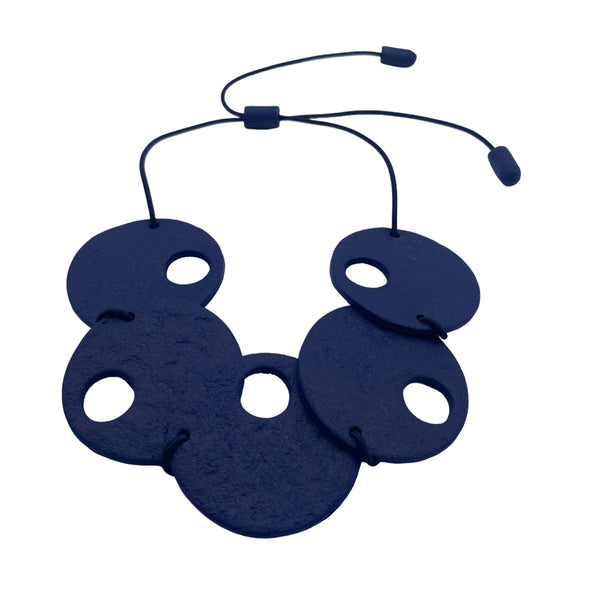 Navy Blue polymer clay statement necklace on a white background