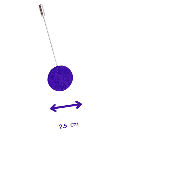 Purple Polymer Clay Lapel Pin with stainless steel pin showing size on a white background