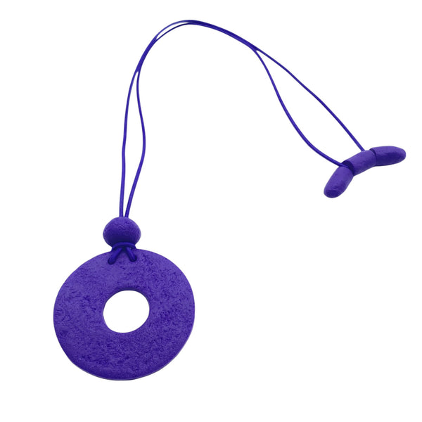 Purple Polymer clay necklace and glasses holder on a white background