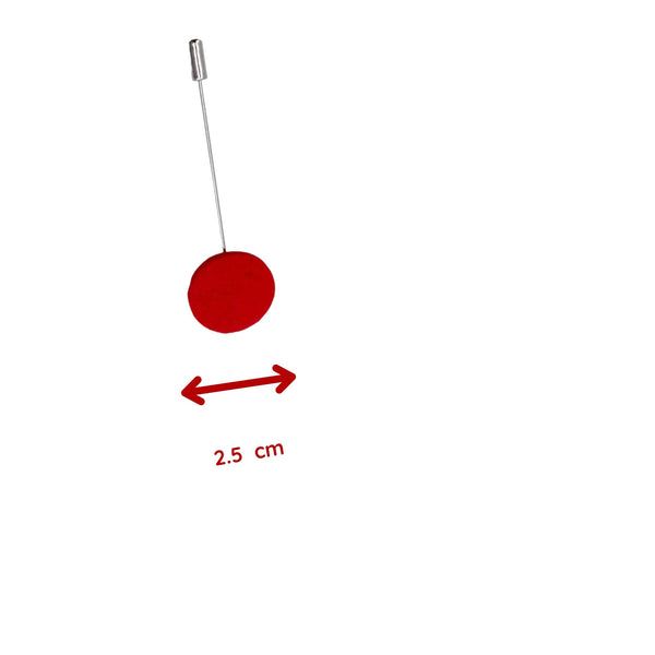 Red Polymer Clay Lapel Pin with stainless steel pin showing size on a white background