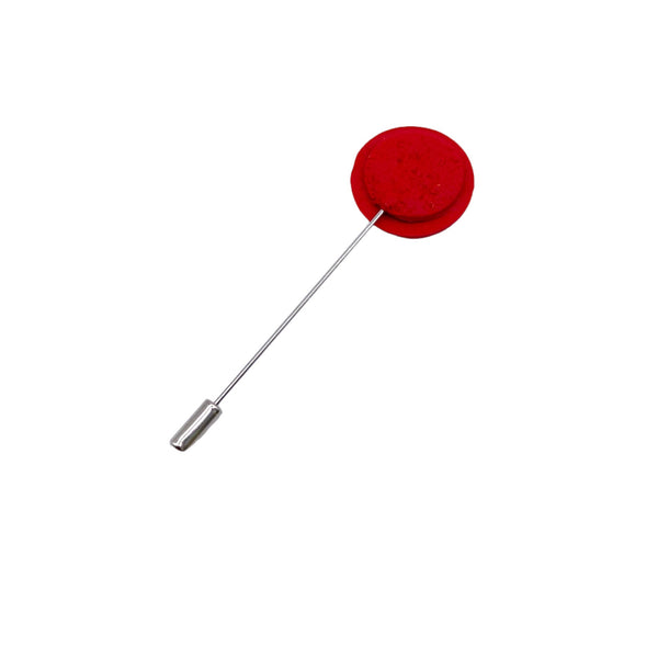 Back of Red Polymer Clay Lapel Pin with stainless steel pin on a white background