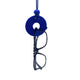 Royal Blue Small Circle Necklace with hole holding glasses  on a white background