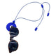 Royal Blue Small Circle Necklace with hole holding sunglasses  on a white background