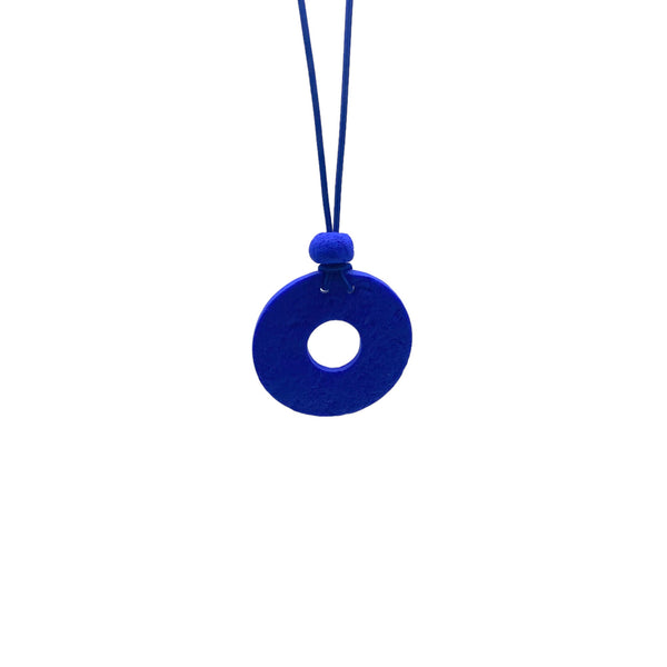 Royal Blue Small Circle Necklace with hole on a white background