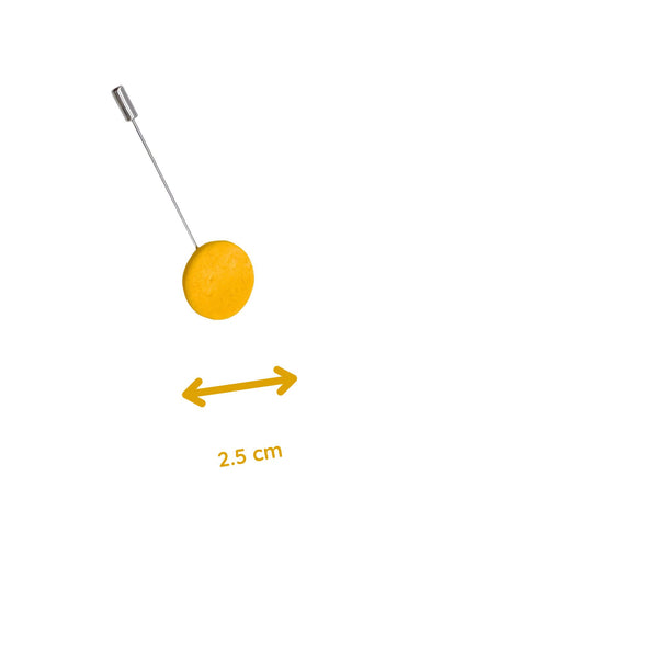 Yellow Polymer Clay Lapel Pin with stainless steel pin showing size on a white background