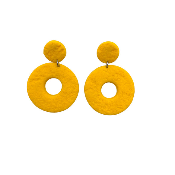 Yellow Polymer Clay Dangle Earrings on a white background