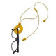 Yellow polymer clay statement necklace and glasses holder holding glasses on a white background