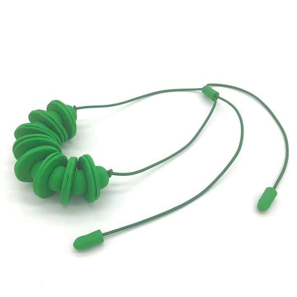 Green Disc and Bead Polymer Clay statement necklace with coordinating elastic cord 