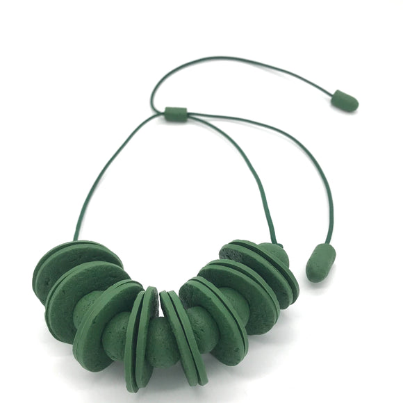 Dark Green Disc and Bead Polymer Clay statement necklace with coordinating elastic cord