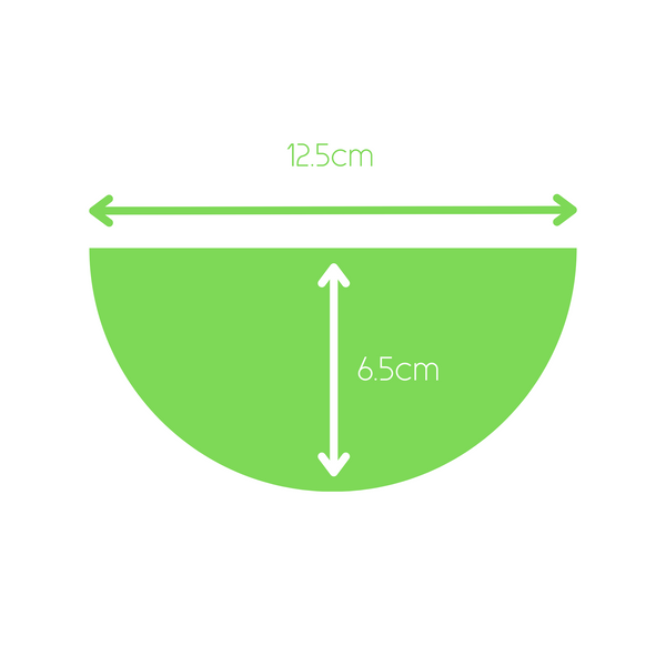 Image showing dimensions of Green half circle polymer clay statement necklace with coordinating elastic cord