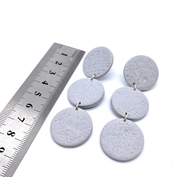 Grey 3 Disc Polymer Clay Statement earrings  with ruler showing length