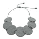 Grey polymer clay statement necklace with overlapping discs on elastic cord Cara 1