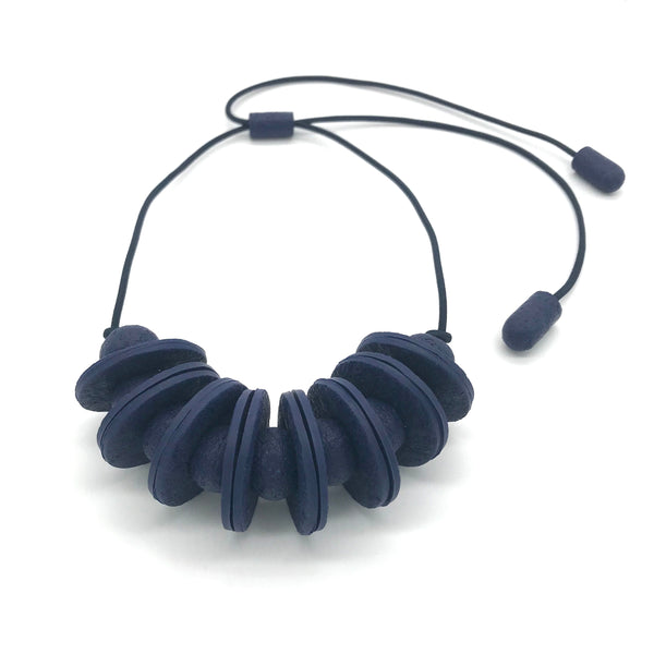 Navy Blue Disc and Bead Polymer Clay statement necklace with coordinating elastic cord 