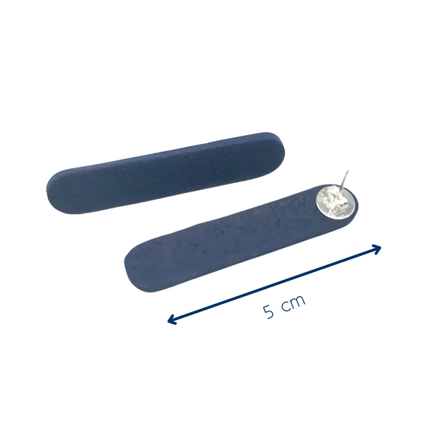 Navy Blue polymer clay long straight stud earrings showing length of earrings