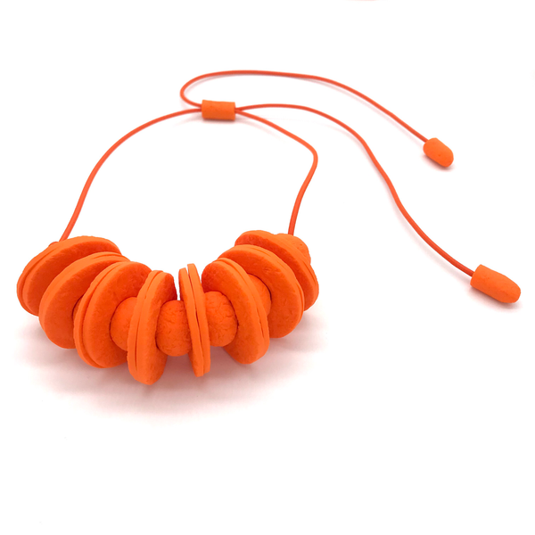 Orange Disc and Bead Polymer Clay statement necklace with coordinating elastic cord