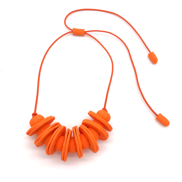 Orange Disc and Bead Polymer Clay statement necklace with coordinating elastic cord