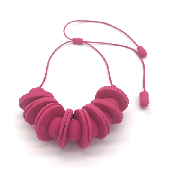 Pink Disc and Bead Polymer Clay statement necklace with coordinating elastic cord 