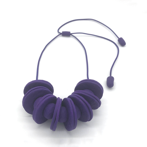 Purple Disc and Bead Polymer Clay statement necklace with coordinating elastic cord 