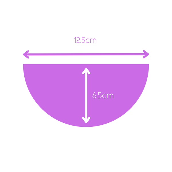 Image showing dimensions of Purple half circle Polymer Clay statement necklace with coordinating elastic cord