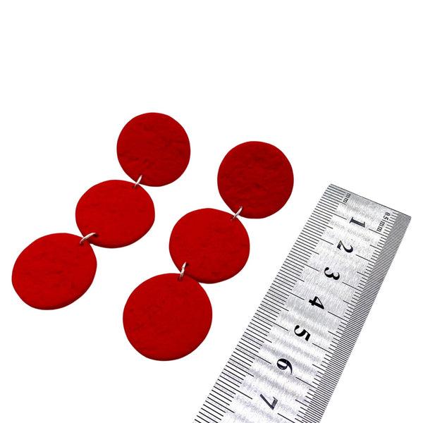 Red 3 Disc Polymer clay Statement earrings with ruler to show length