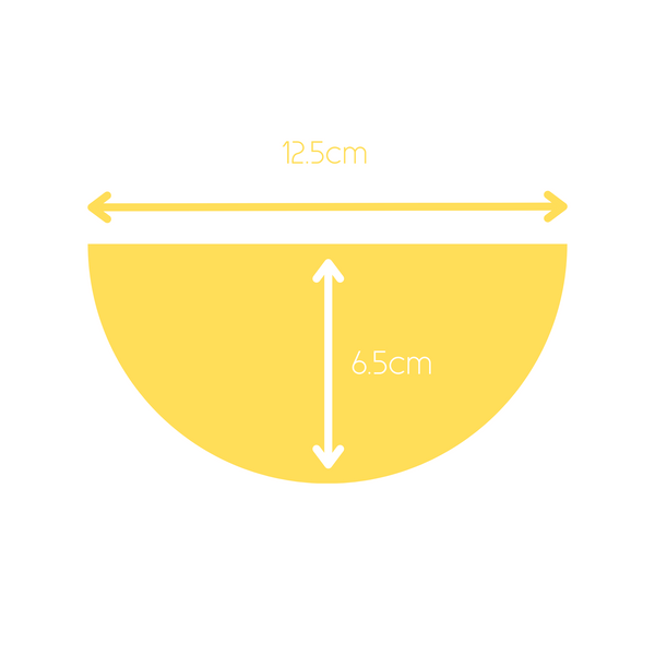 Image showing dimensions of Yellow half circle polymer clay statement necklace with coordinating elastic cord