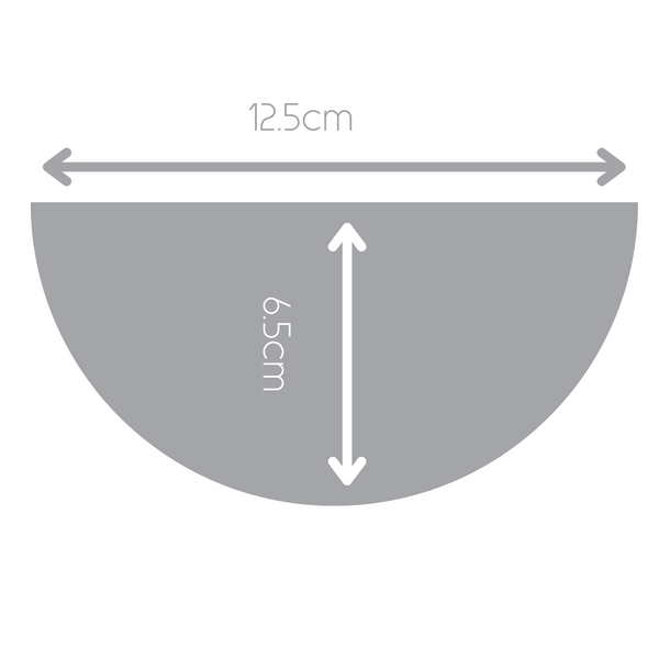 Image showing dimensions of grey half circle polymer clay statement necklace with coordinating elastic cord