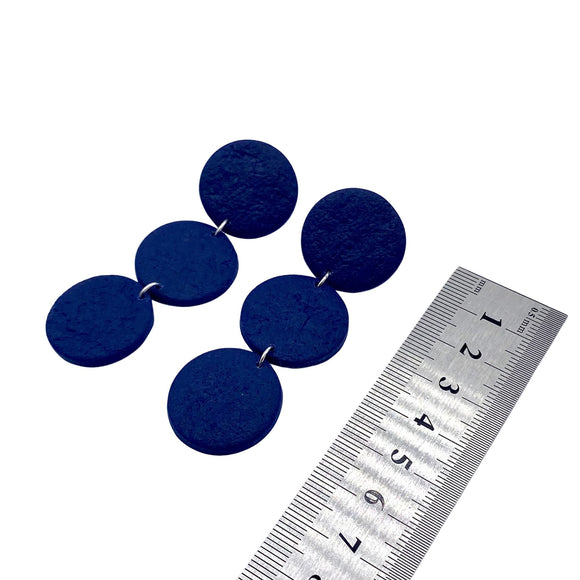 Navy Blue 3 Disc Polymer Clay Statement Earrings with ruler to show length