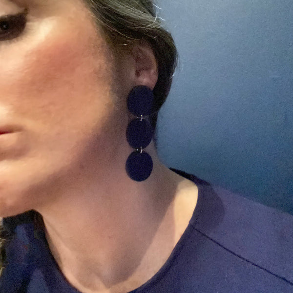 Someone wearing Navy Blue 3 Disc Polymer Clay Statement Earrings