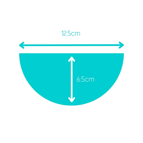 Image showing the dimensions of the turquoise half circle polymer clay statement necklace with coordinating elastic cord